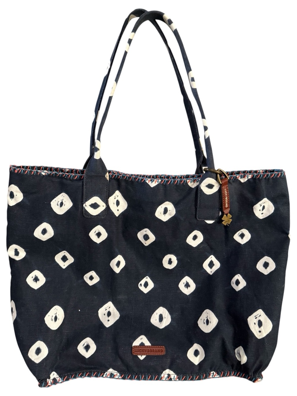 Lucky Brand Canvas Batik Tote Bag plus Zippered Wallet Pouch Leather Navy White - Picture 2 of 16